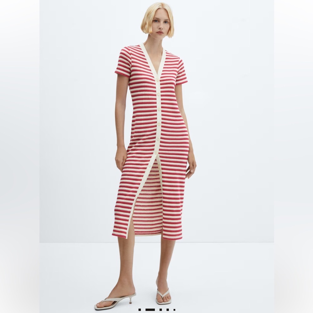 Mango Striped Jersey Dress Crochet Knit Button Front Midi Length size 2